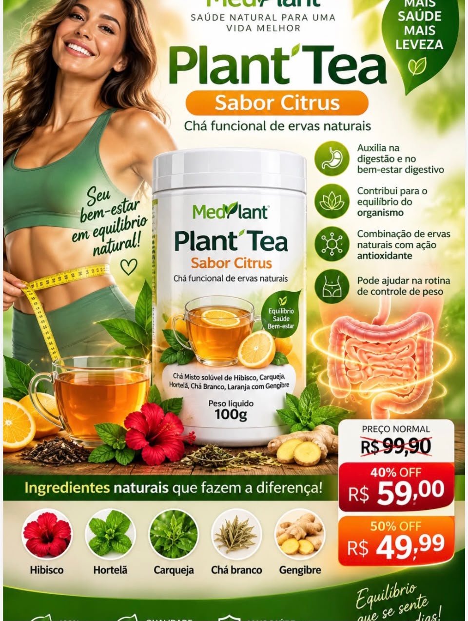 Plant Tea Sabor Citrus da MedPlant - Chá funcional e solúvel para desinchar